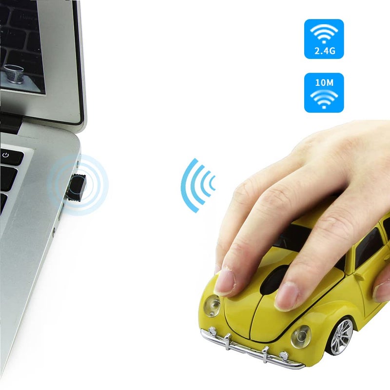 elec Space Wireless Mouse, 2.4GHz Wireless Computer Mouse Cool 3D Sport Car Shape Ergonomic Optical Cordless Mice with USB Receiver for PC Laptop Notebook 1600DPI Yellow - Image 2